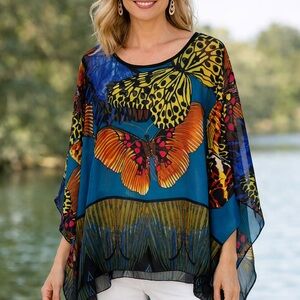 Modern Kiwi Vibrant Butterfly Chiffon Blouse Caftan Poncho Tunic CoverUp Sz OS
